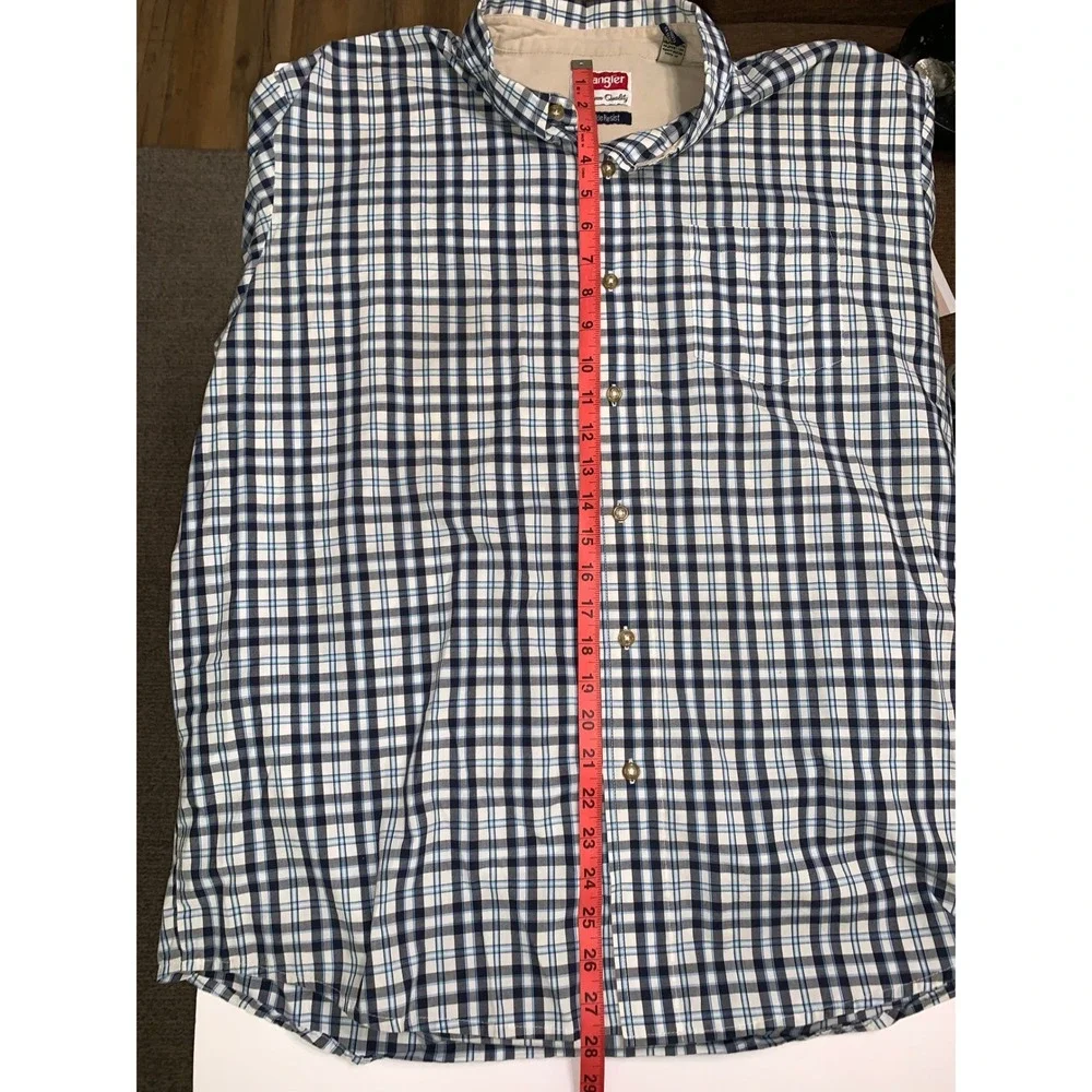 Wrangler Mens XL Short Sleeve Button Down Shirt Blue White Plaid Wrinkle Resist - Picture 10 of 11